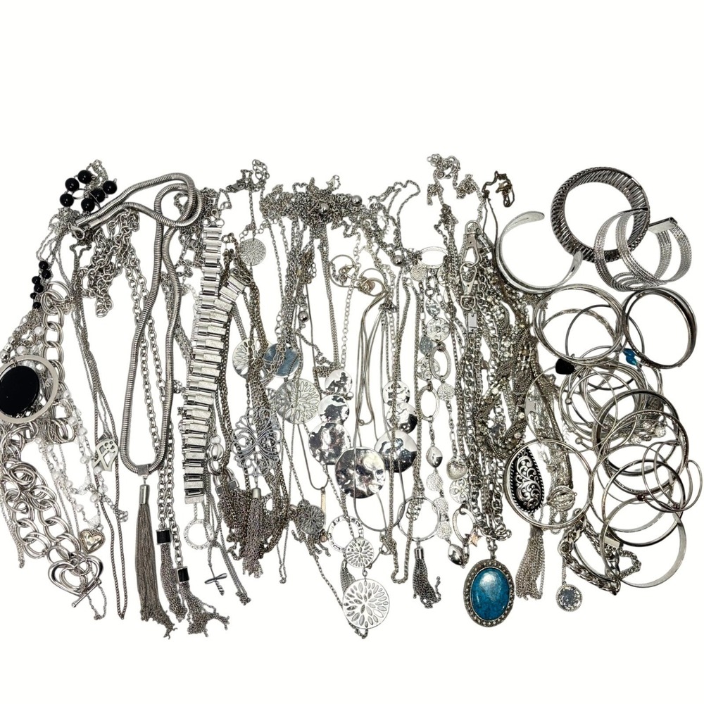 Silver Tone Jewelry Lot 3 Pounds Estate Jewelry Sale Necklaces Bracelets Bangles